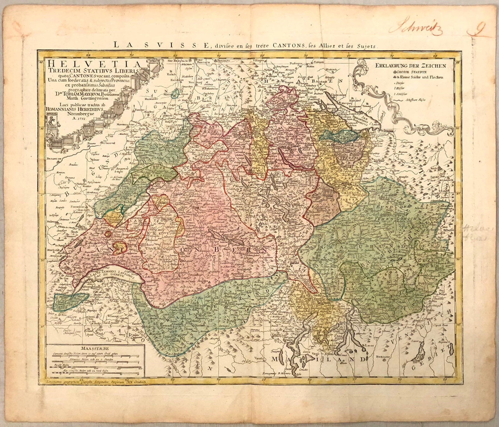 1751 Homann Map of Switzerland -- Helvetia Tredecim Statibus Liberis quos Cantones vocant: Title:1751 Homann Map of Switzerland -- Helvetia Tredecim Statibus Liberis quos Cantones vocant,li>Cartographer:Homann Heirs Year/Place:1751, Nurnberg Map Dimension (in.):16.5 X 21 in. Description:Thi