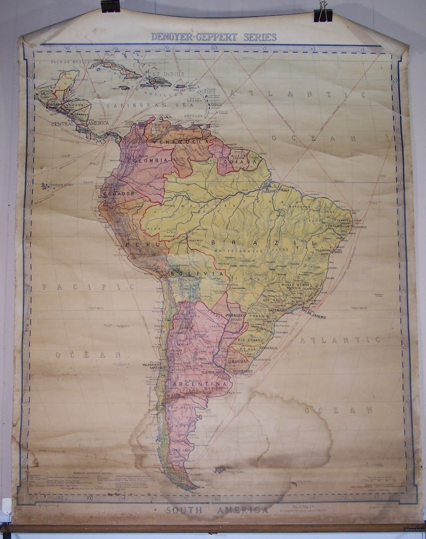 Denoyer-Geppert Series. South America: Publication Date:1919 Title:Denoyer-Geppert Series. South America,li>Cartographer:BLAIR, R. BAXTER Publisher:DENOYER-GEPPERT CO. Brief Description:Large schoolroom map. Polar projection. Browned and