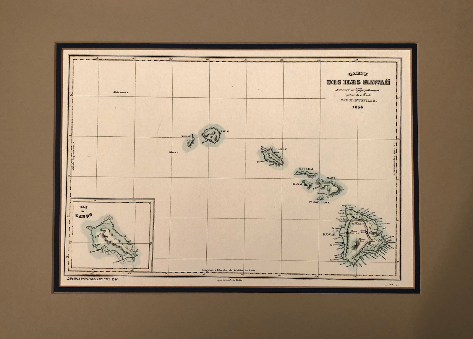 1834 but 1984 d'Urville map of Hawaii -- Carte des Iles Hawaii pour servir au Voyage pittoresque: Title:1834 but 1984 d'Urville map of Hawaii -- Carte des Iles Hawaii pour servir au Voyage pittoresque autour du Monde,li>Cartographer:D d'Urville Year/Place:1834 but 1984, originally Paris Map