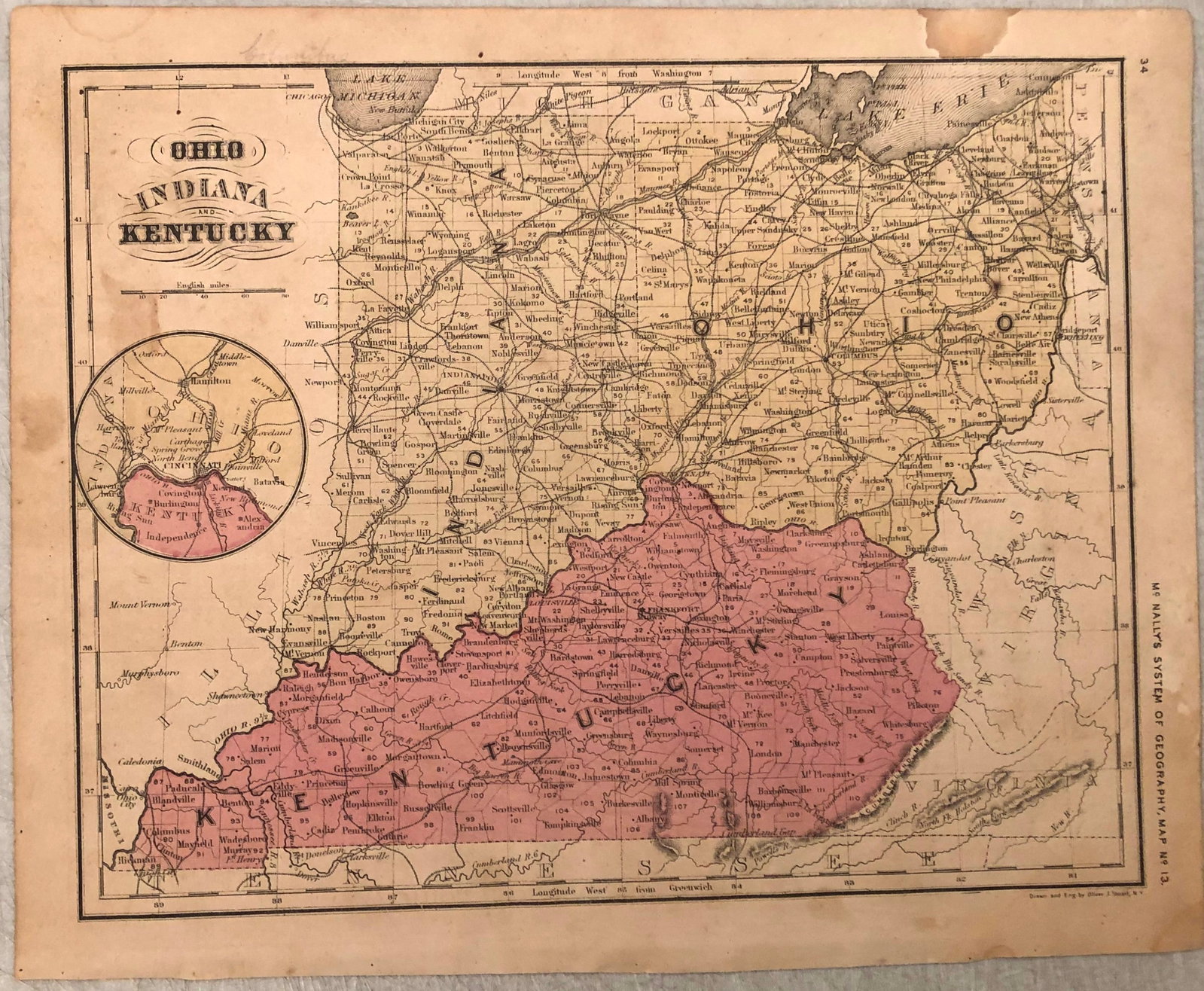 1877 McNally Map of Ohio, Indiana, Kentucky: Title:1877 McNally Map of Ohio, Indiana, Kentucky,li>Cartographer:F McNally Year/Place:1877, Chicago Map Dimension (in.):8.4 X 10.7 in. Description:This is a very nice map of Ohio, Indiana, Kentucky, 