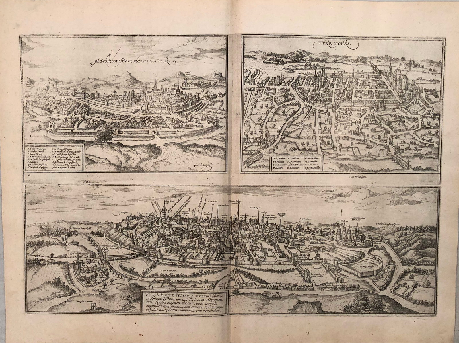 1575 Braun and Hogenberg Views of Montpellier, Tours, and Poitiers, France on One Sheet -- (1 of 1)