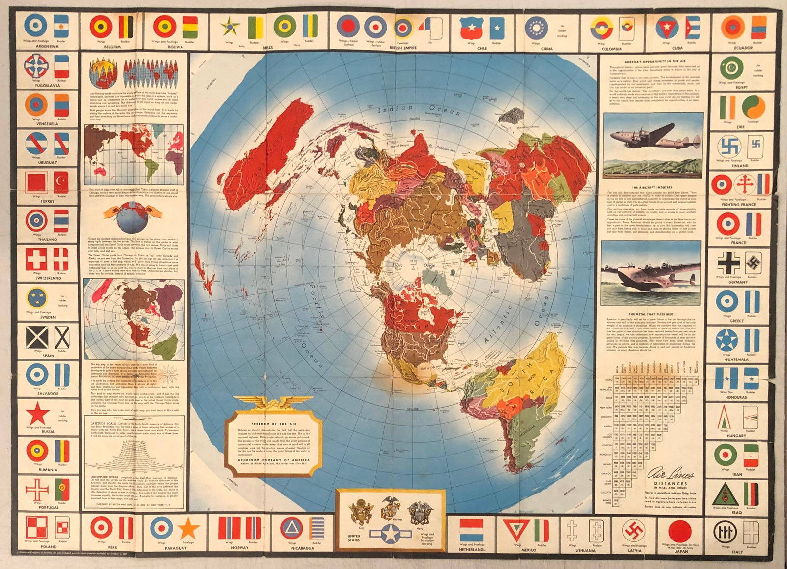 1943 Alcoa Aluminum Polar Projection of World at World Pictorial Map -- Global Map for Global War: Title:1943 Alcoa Aluminum Polar Projection of World at World Pictorial Map -- Global Map for Global War and Global Peace,li>Cartographer:Alcoa Aluminum Co. Year/Place:1943 Map Dimension (in.):24.4 x 3