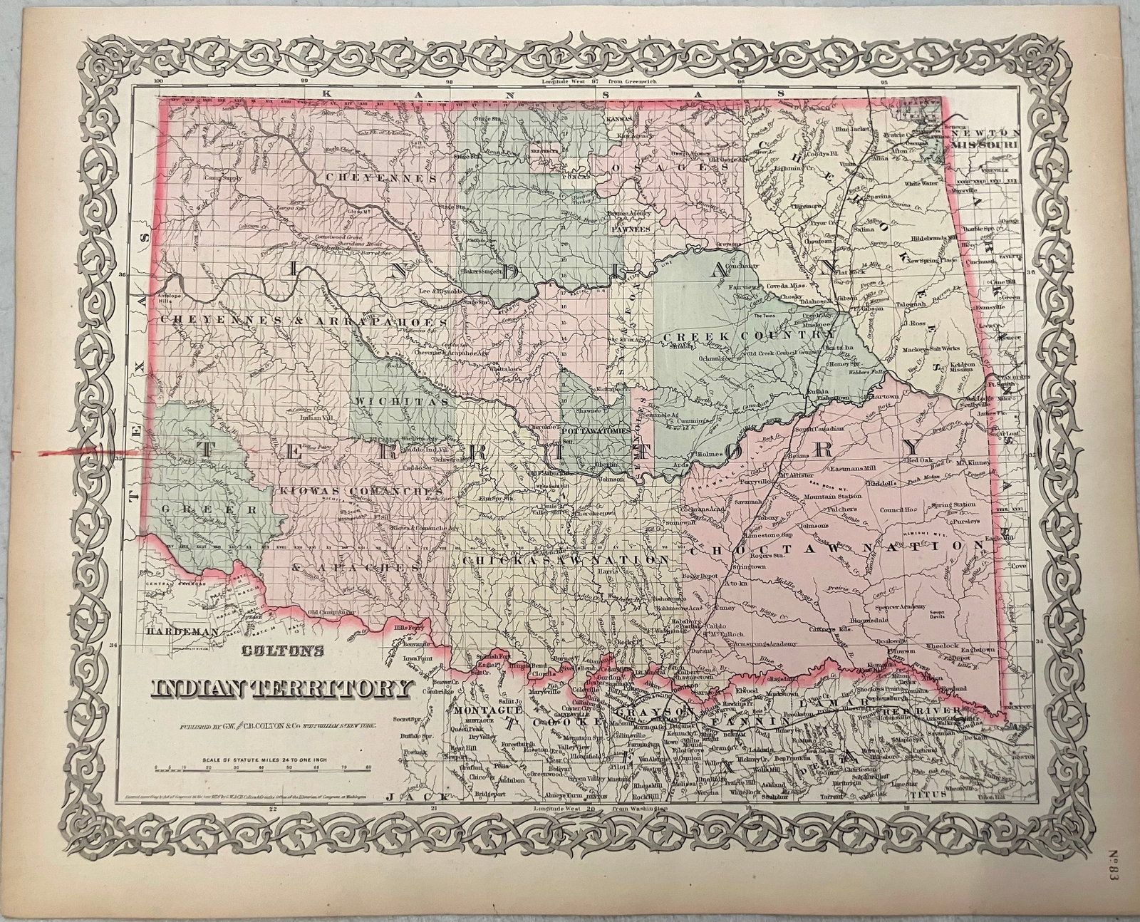 1876 Colton Map of Indian Territory -- Colton's Indian Territory: Title:1876 Colton Map of Indian Territory -- Colton's Indian Territory,li>Cartographer:GW Colton Year/Place:1876, New York Map Dimension (in.):12.5 X 15.5 in. Description:This is a highly detailed map