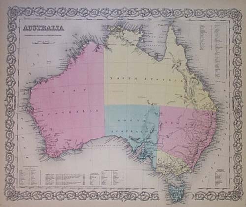 Australia: Publication Date:1855 Title:Australia,li>Cartographer:COLTON, J.H. Publisher:J.H. COLTON & CO. Brief Description:Map showing Australia divided into 5 sections and Van Diemen Land. Most detail along co