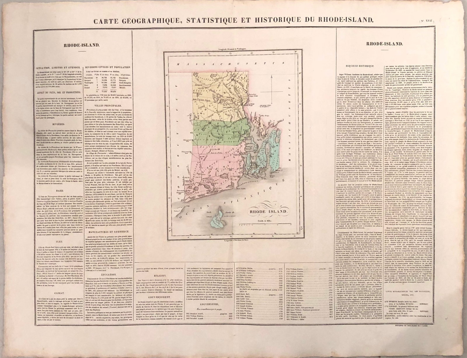 1826 Bouchon Map of Rhode Island -- Carte Geographique, Statistique et Historique du Rhode-Island: Title:1826 Bouchon Map of Rhode Island -- Carte Geographique, Statistique et Historique du Rhode-Island,li>Cartographer:J Bouchon Year/Place:1826, Paris Map Dimension (in.):18.3 X 23.7 in. with text