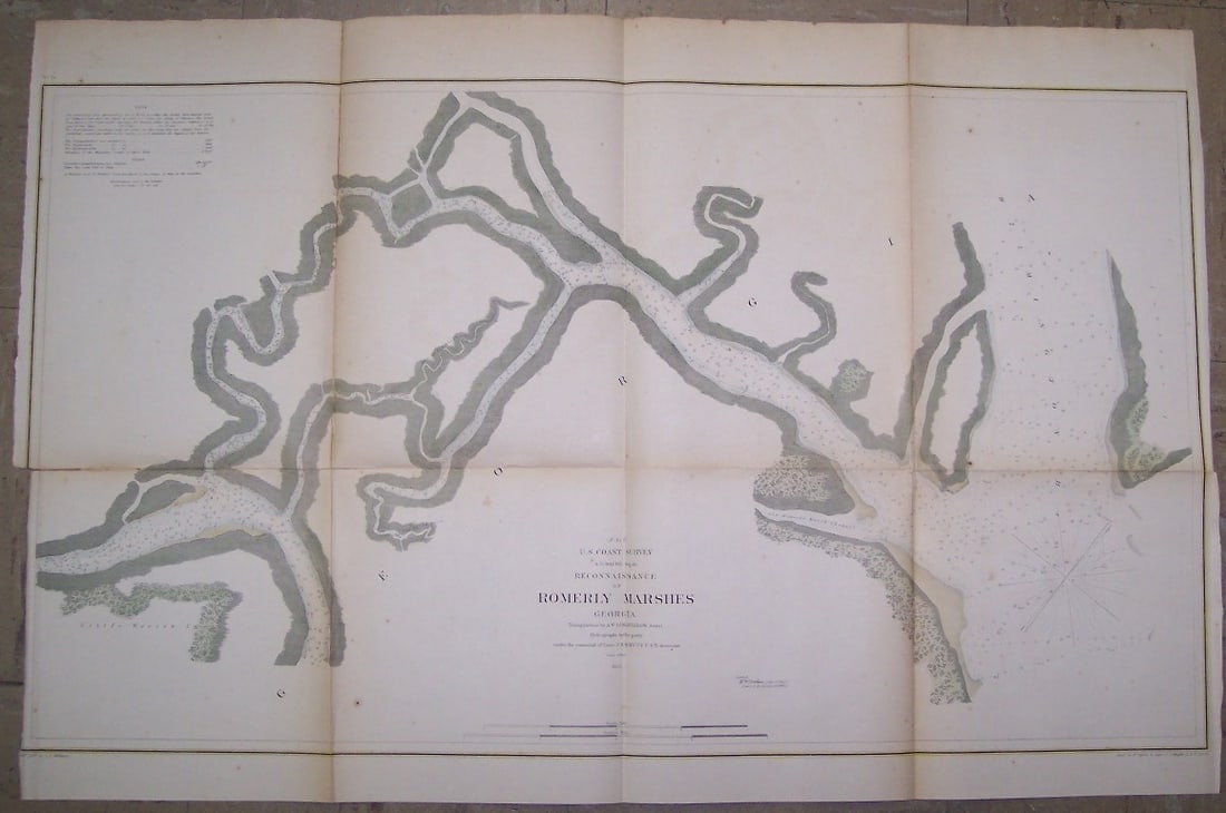 Reconnaissance of Romerly Marshes Georgia: Publication Date:1855 Title:Reconnaissance of Romerly Marshes Georgia,li>Cartographer:WILLIAMS, L. D. Publisher:U.S.C.S. Brief Description:A marsh area off the Wilmington River. Many soundings. Light