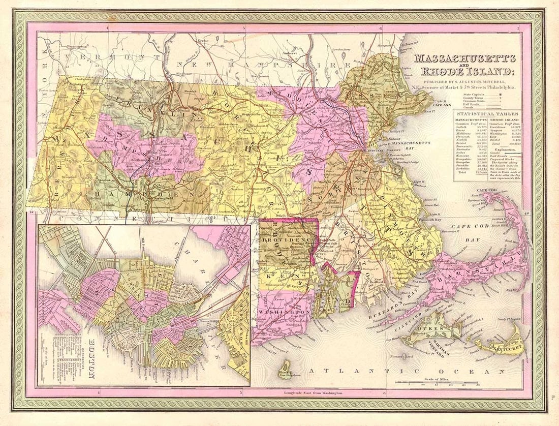 Massachusetts and Rhode Island: Publication Date:1850 Title:Massachusetts and Rhode Island,li>Cartographer:MITCHELL, S.A. Publisher:THOMAS, COWPERTHWAIT & CO. Brief Description:Map shows towns, townships, roads and counties