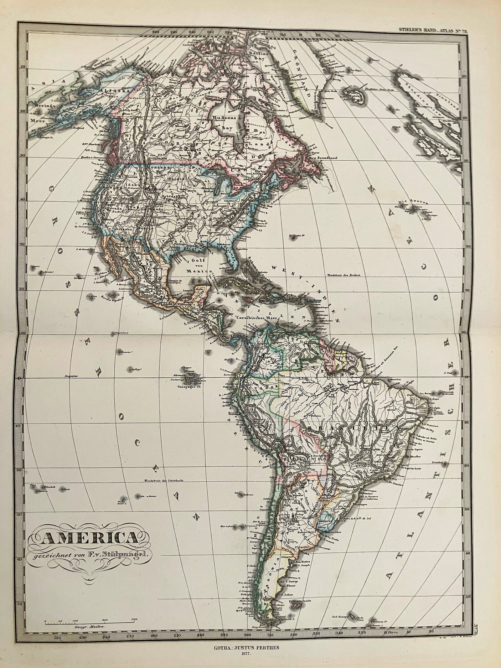 1877 Stieler Map of the Americas -- America: Title:1877 Stieler Map of the Americas -- America,li>Cartographer:A Stieler Year/Place:1877, Gotha Map Dimension (in.):17X 12 in Description:This is an rxcellent map of North and South America. In
