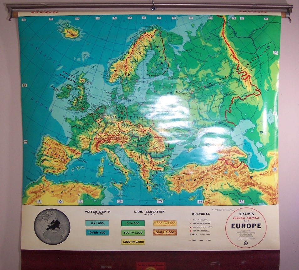 Cram's Physical-Political Map of Europe...: Publication Date:1974 Title:Cram's Physical-Political Map of Europe...,li>Cartographer:CRAM, GEORGE F. COMPANY, INC. Publisher:THE GEORGE F. CRAM COMPANY, INC. Brief Description:Wall map on spring