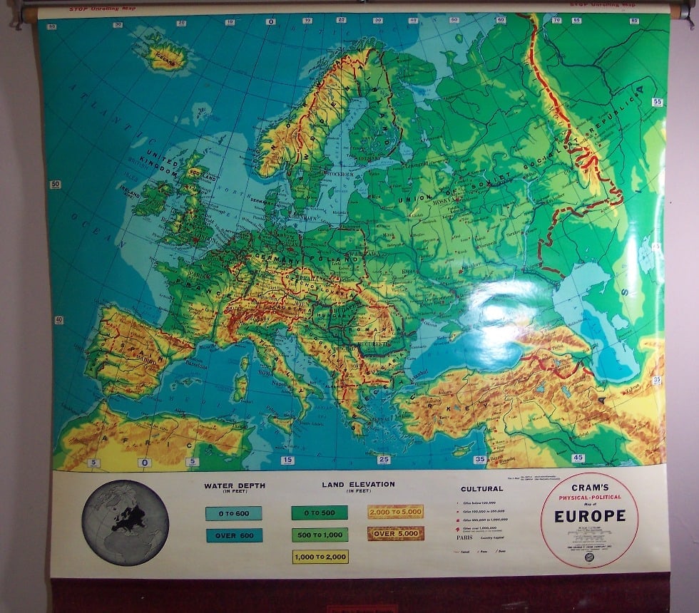 Cram's Physical-Political Map of Europe... - 2