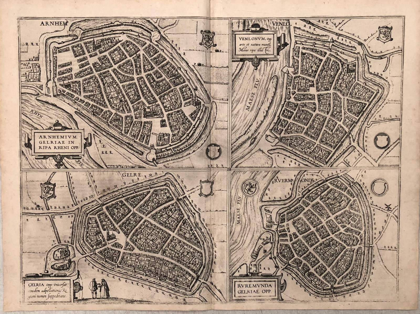 1575 Braun and Hogenberg View of Dutch Towns of Arnhem; Venlo; Geldern; and, Ruremonde -- Arnhemium: Title:1575 Braun and Hogenberg View of Dutch Towns of Arnhem; Venlo; Geldern; and, Ruremonde -- Arnhemium ... [on sheet with] Venlonum ... [and] Gelria ... [and] Ruremunda ...,li>Cartographer:Braun