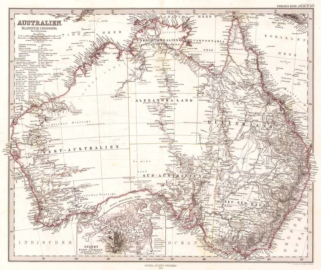 Australien: Publication Date:1870 Title:Australien,li>Cartographer:A. Petermann Publisher:Adolf Stieler Brief Description:Map showing excellent detail: e.g. topography, many towns, districts, roads, etc. Most of