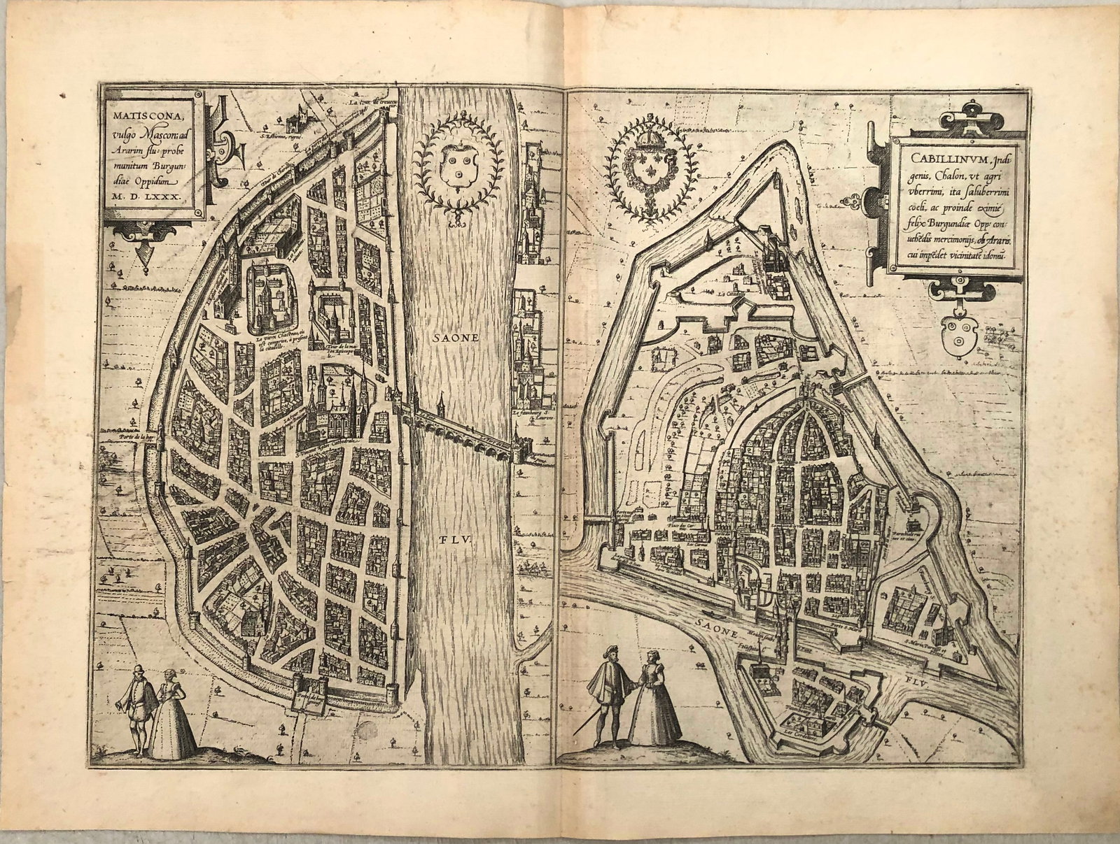 1575 Braun and Hogenberg Views of the French Towns of Macon and Chalon-Sur-Saone -- Matiscona, Vulgo: Title:1575 Braun and Hogenberg Views of the French Towns of Macon and Chalon-Sur-Saone -- Matiscona, Vulgo Mascon; ad Ararim Flu: Probe Munitum Burgundiae Oppidum [on sheet with] Cabillinum, Indigenis