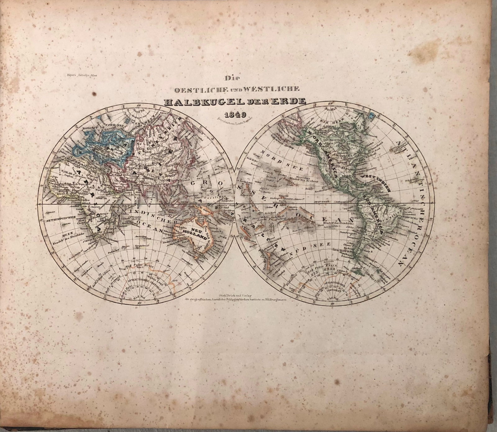 1849 Meyer Map of the World onTwo Hemispheres -- Die Oestliche und Westliche Halbkugel der Erde (1 of 1)