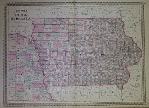 Johnson's Iowa and Nebraska: Publication Date:1870 Title:Johnson's Iowa and Nebraska,li>Cartographer:JOHNSON, A.J. Publisher:A.J. Johnson Brief Description:Map showing counties (with districts separately colored), towns, township