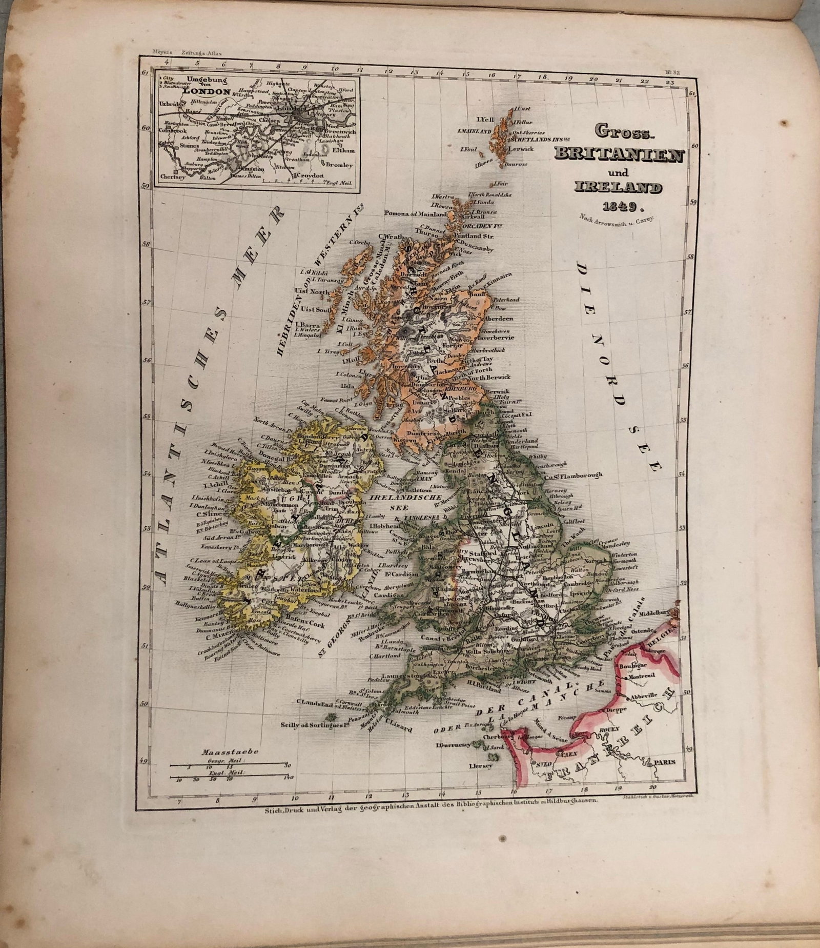 1849 Meyer Map of the British Isles -- Gross Britanien und Oreland: Title:1849 Meyer Map of the British Isles -- Gross Britanien und Oreland,li>Cartographer:J Meyer Year/Place:1849, Hildburghausen Map Dimension (in.):9.5 X 7.2 in. Description:Ths is a lovely map of th