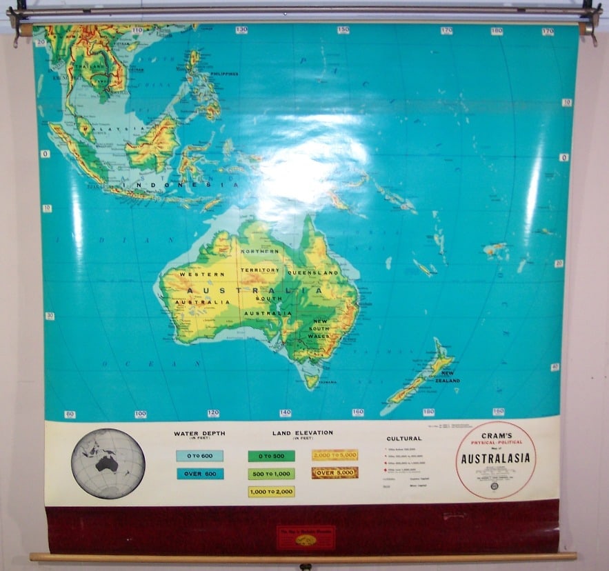 Cram's Physical-Political Map of Australasia: Publication Date:c1972 Title:Cram's Physical-Political Map of Australasia,li>Cartographer:CRAM, GEORGE F. COMPANY Publisher:THE GEORGE F.CRAM COMPANY, INC. Brief Description:Large schoolroom wall char