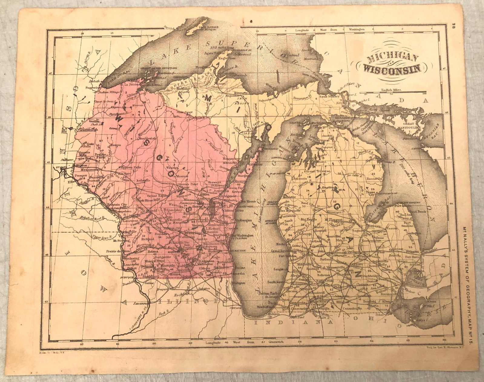1877 McNally Map of Michigan and Wisconsin: Title:1877 McNally Map of Michigan and Wisconsin,li>Cartographer:F McNally Year/Place:1877, Chicago Map Dimension (in.):8.6 X 10.5 in. Description:This is a very nice map of Michigan and Wisconsin. De