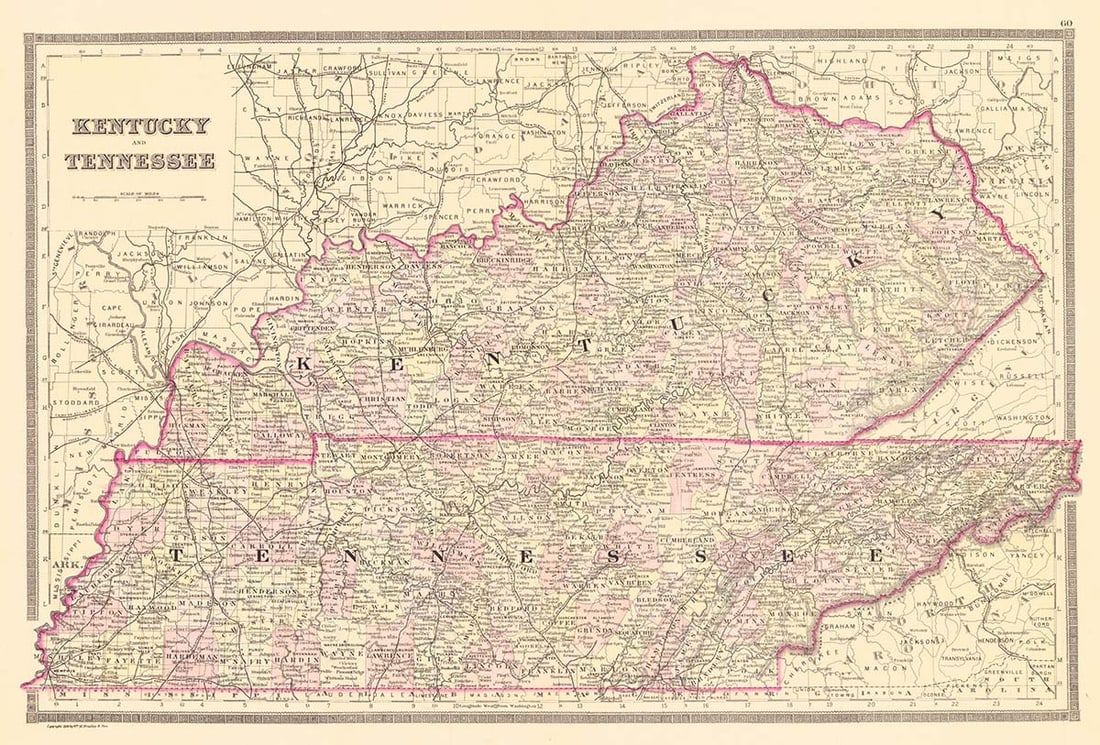 County Map of Kentucky and Tennessee: Publication Date:1886 Title:County Map of Kentucky and Tennessee,li>Cartographer:MITCHELL, SAMUEL AUGUSTUS, JR. Publisher:WM. M. BRADLEY & BRO. Brief Description:Map from a first edition Bradley atlas
