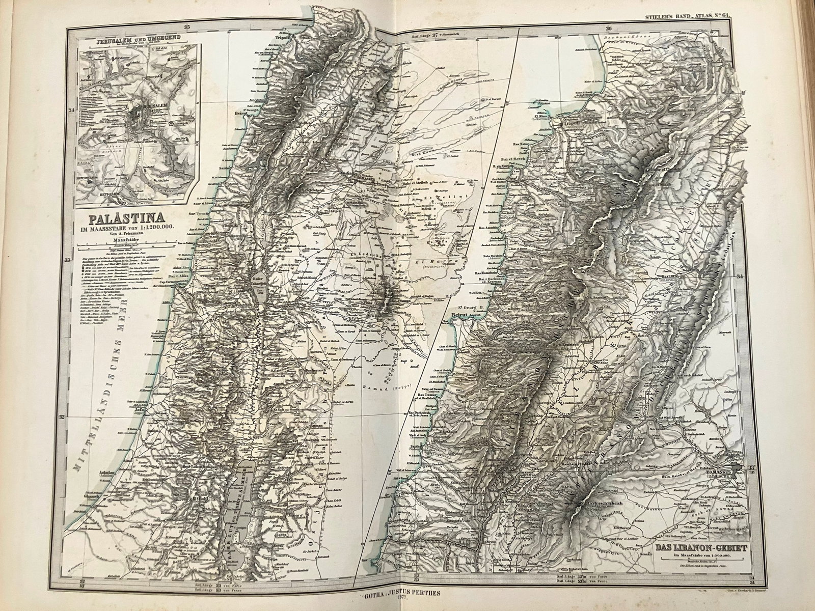 1877 Stieler Map of Palestine and Lebanon -- Palestina [on sheet with] Das Libenon Gebiet: Title:1877 Stieler Map of Palestine and Lebanon -- Palestina [on sheet with] Das Libenon Gebiet,li>Cartographer:A Stieler Year/Place:1877, Gotha Map Dimension (in.):13 X 16 in. Description:This is an 