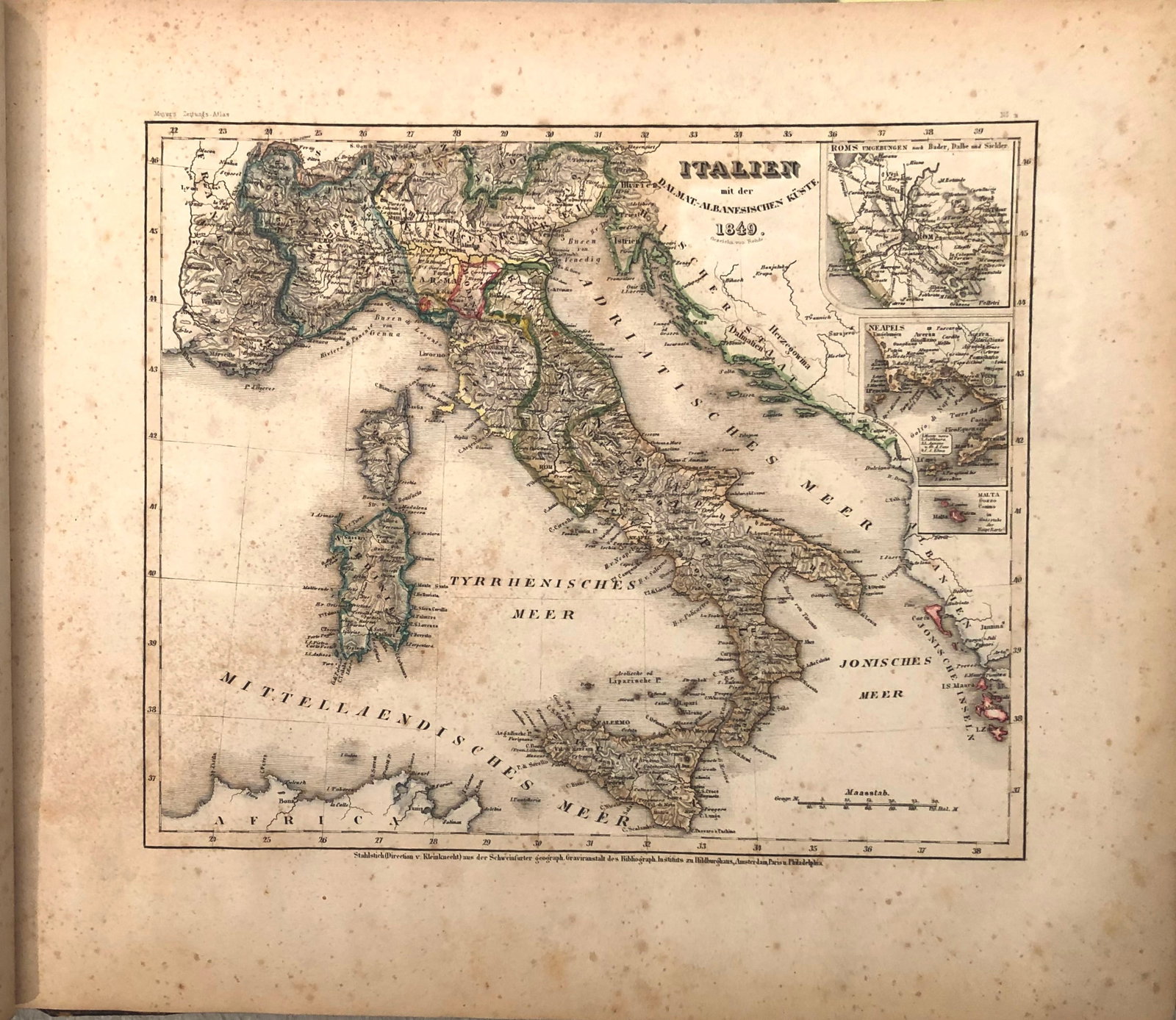 1849 Meyer Map of Italy -- Italien: Title:1849 Meyer Map of Italy -- Italien,li>Cartographer:J Meyer Year/Place:1849, Hildburghausen Map Dimension (in.):7.4 X 9.4 in. Description:Ths is a lovely map of Italy. Insets are Rome, Naples and