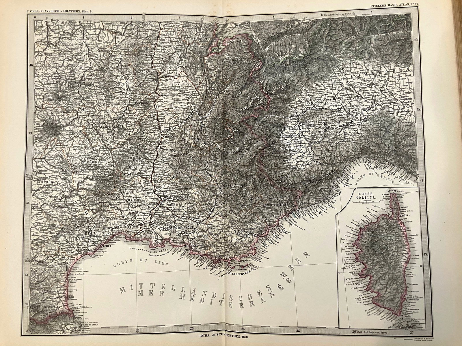 1878 Stieler Map of the French and Italian Riviera: Title:1878 Stieler Map of the French and Italian Riviera,li>Cartographer:A Stieler Year/Place:1878, Gotha Map Dimension (in.):13 X 16 in. Description:This is a lovely double page map of the French and