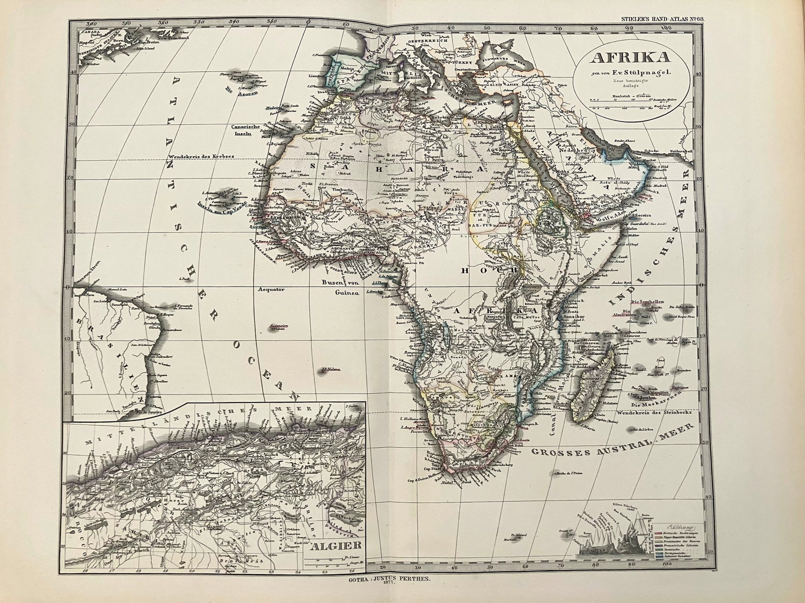1877 Stieler Map of Africa -- Afrika: Title:1877 Stieler Map of Africa -- Afrika,li>Cartographer:A Stieler Year/Place:1877, Gotha Map Dimension (in.):13 X 15 in. Description:This is an excellent double page map of Africa. Inset is the coa