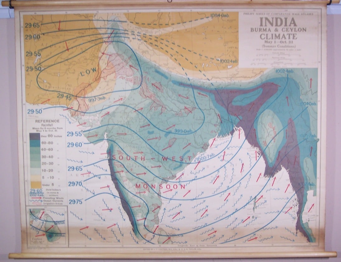 Philips' Series of Comparative Wall Atlases - India Burma & Ceylon Climate May 1 - Oct. 31: Publication Date:c1930-1939 Title:Philips' Series of Comparative Wall Atlases - India Burma & Ceylon Climate May 1 - Oct. 31,li>Cartographer:Phillips Publisher:Denoyer-Geppert Brief