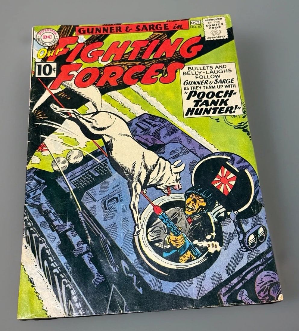 OUR FIGHTING FORCES #63 DC Comic Book 1960SILVER AGE POOCH COVER GUNNER & SARGE: The product is a vintage DC comic book from the 1960s, specifically issue #63 of "Our Fighting Forces." The cover features characters Pooch, Gunner, and Sarge, set in the Silver Age era of US Comics. 