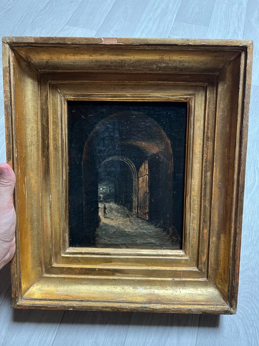 Antique Original Painting Seaview, Man, Port, Cityview, Moon, Night - 2