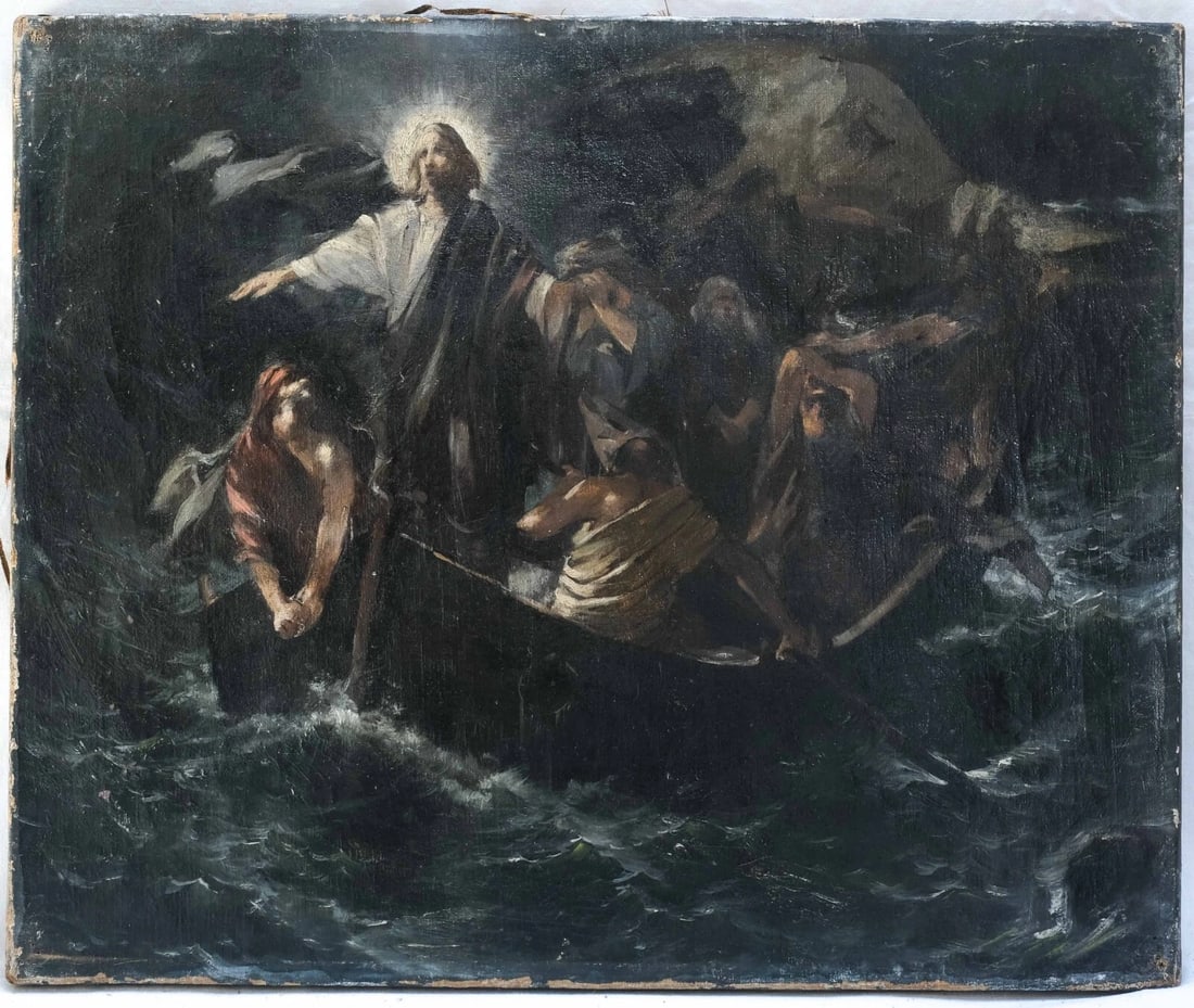 1888 Christ, Miracle, Fish, Tiberiad, Sea, People Antique Painting Original - 2