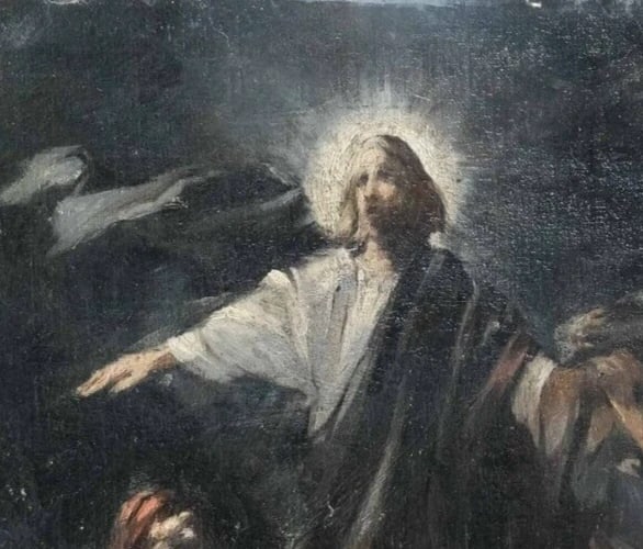 1888 Christ, Miracle, Fish, Tiberiad, Sea, People Antique Painting Original - 3