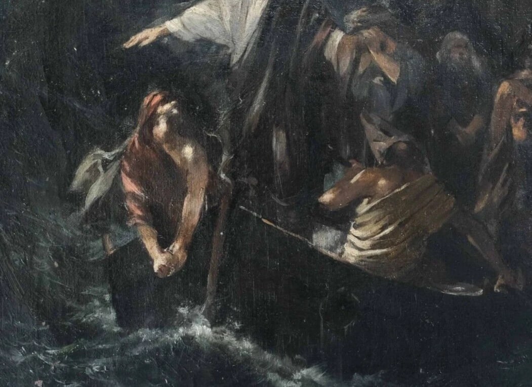 1888 Christ, Miracle, Fish, Tiberiad, Sea, People Antique Painting Original - 4