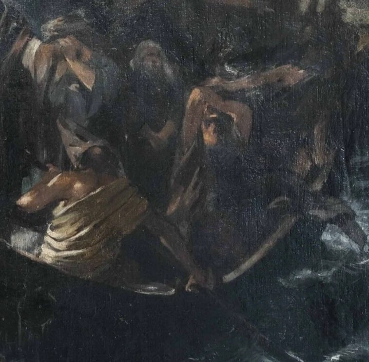 1888 Christ, Miracle, Fish, Tiberiad, Sea, People Antique Painting Original - 5