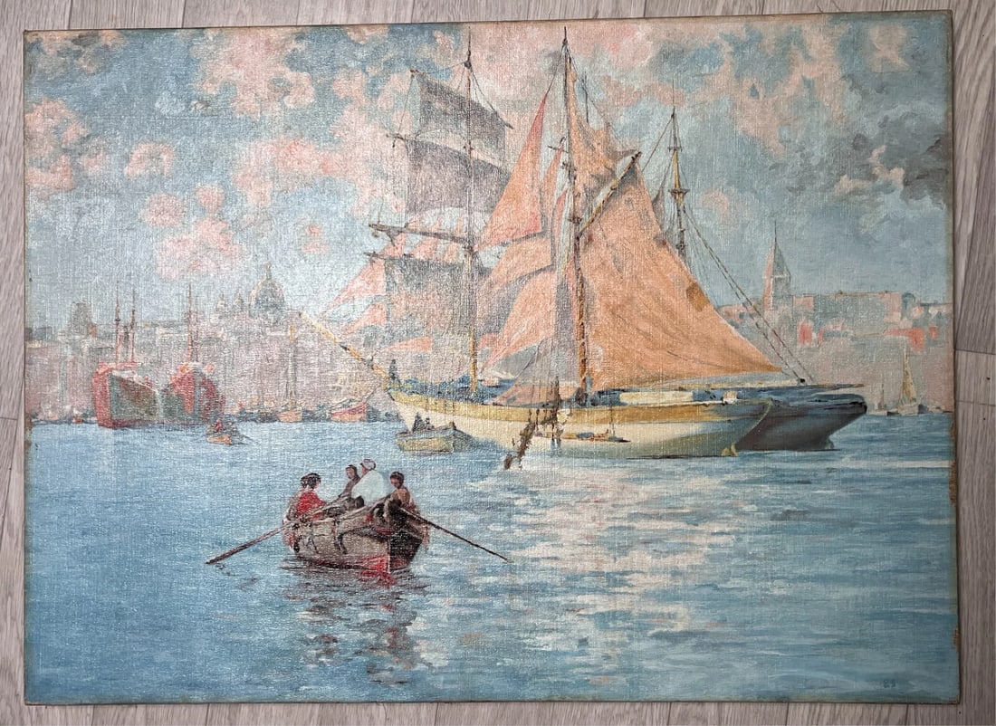 Antique Oil Painting Santa Salute Basilica, Grand Canal, Italy, Venice, Seascape - 7
