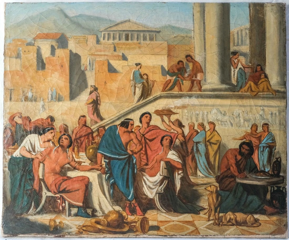 Banquet Scene in Athens, People - Painting Antique Original Old 19th century - 7