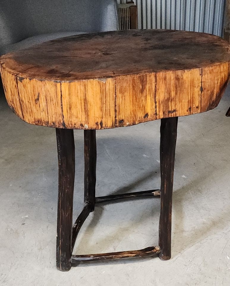 Vintage Artisan-Made Country Rustic Wood Raw Edge Slab Side Table - 3