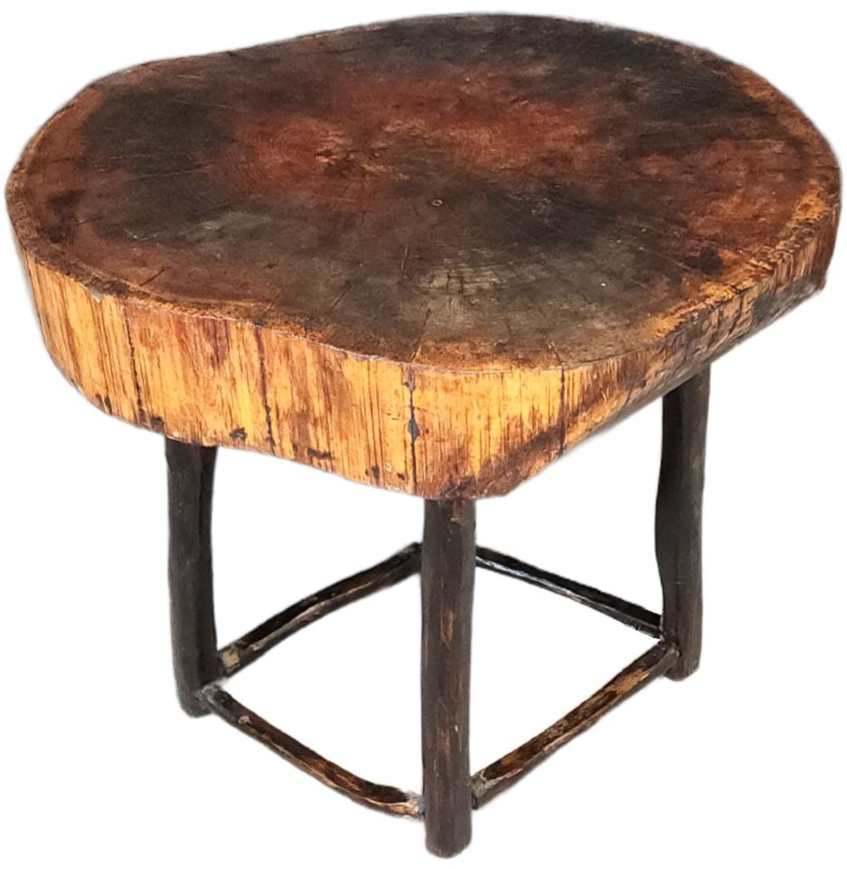Vintage Artisan-Made Country Rustic Wood Raw Edge Slab Side Table - 4