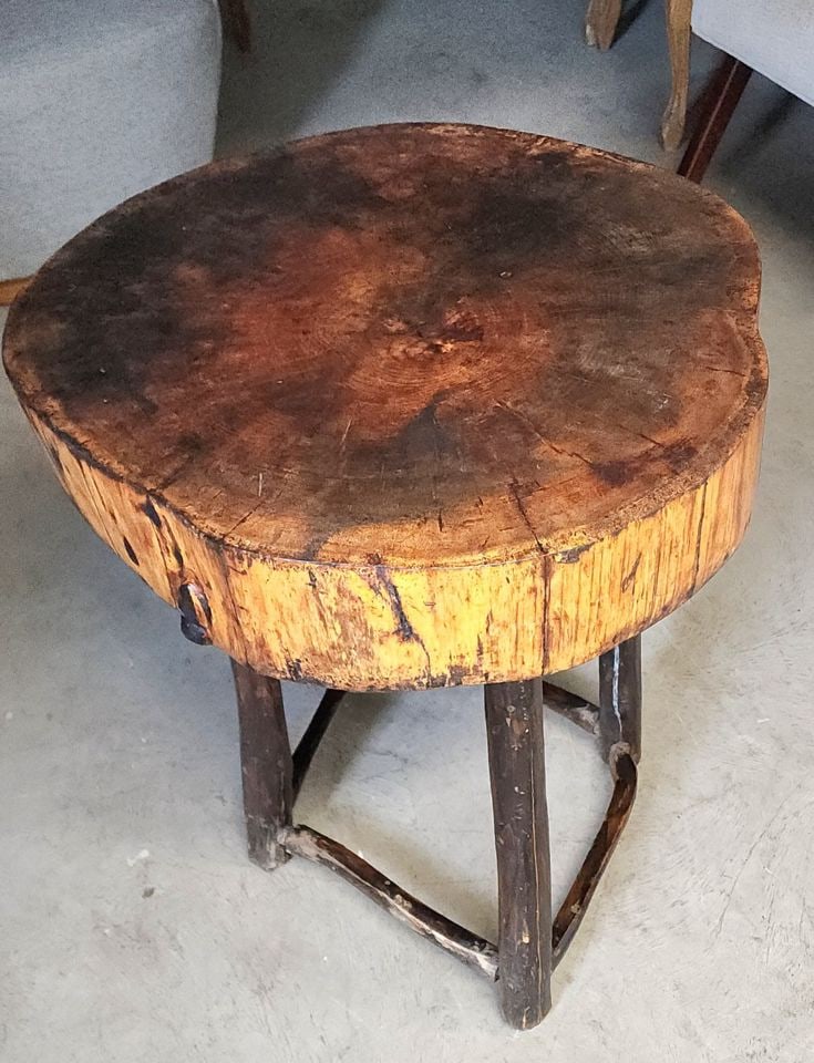 Vintage Artisan-Made Country Rustic Wood Raw Edge Slab Side Table - 5
