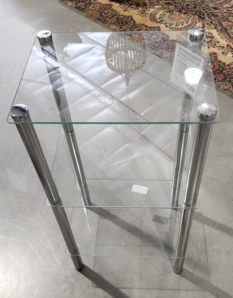 Hi-Design Vintage Modern Tempered Glass and Chromed Steel 3-Tier Pedestal/Side Table. 12 x 15 x 30" - 4