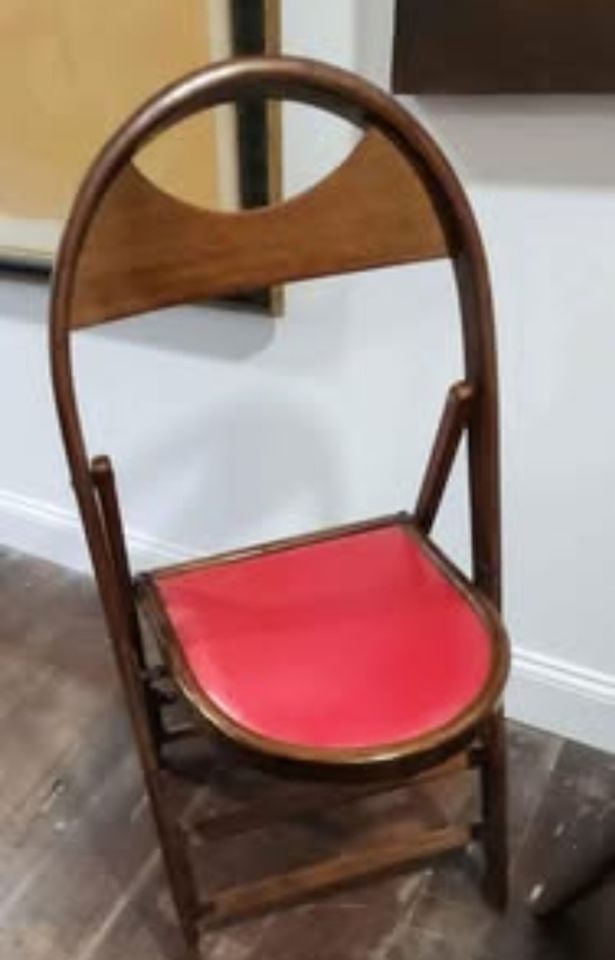 Pair of rare antique wood and vinyl folding chairs - 4