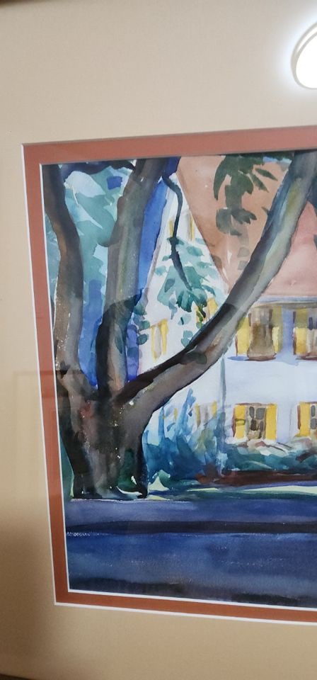 Wonderful original vintage watercolor depicting a home with its surrounding foliage. - 3