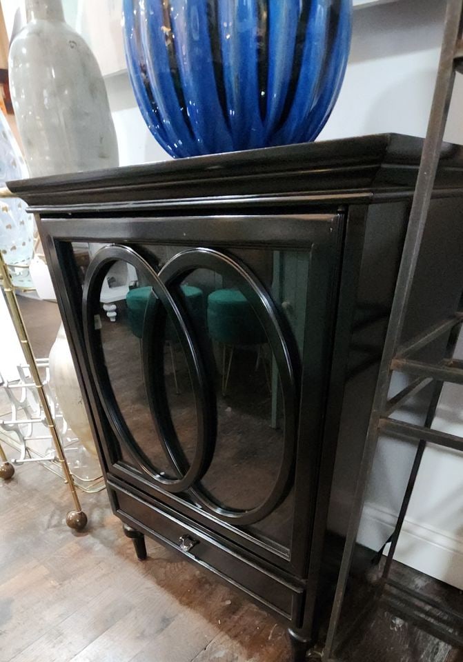 Modern designer deco-style black lacquer cabinet w/ pop-open glass door & bottom drawer. 24w x 18.5 - 3