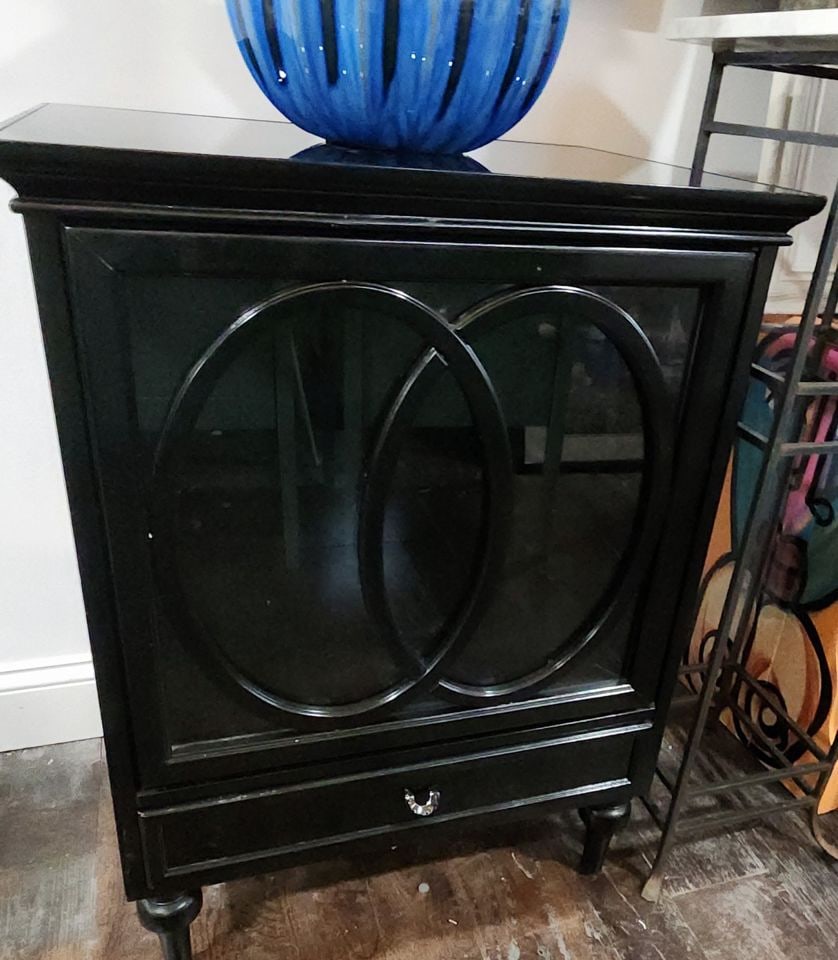 Modern designer deco-style black lacquer cabinet w/ pop-open glass door & bottom drawer. 24w x 18.5 - 5