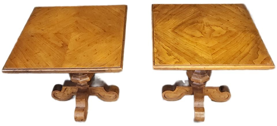 Pair of Antique Square Oak Pedestal Side Tables w/ Beautifully Hand-Carved Bases. 20x20x18h (1 of 7)