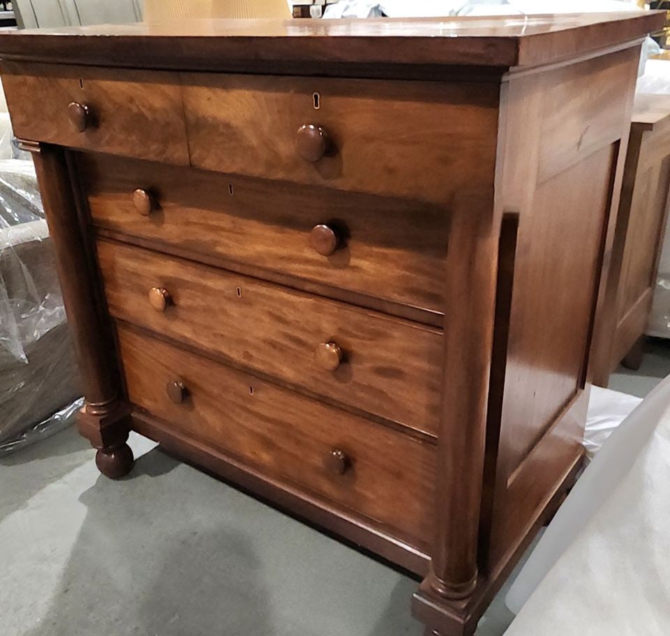 Antique American Empire Crotch Mahogany 5-Drawer Highboy Chest Dresser. Circa Mid 1900s. 47W x 25D x (1 of 6)