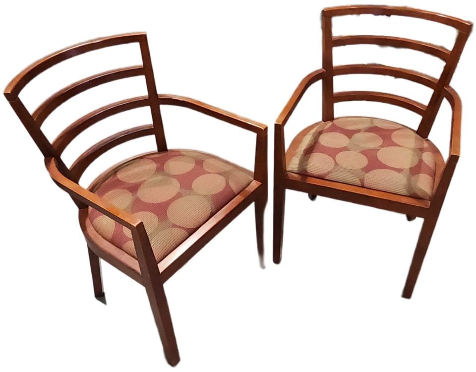 1991 Knoll Studio Pair of MCM Wood Side Chairs Designed by Raul de Armas as Engraved on Metal Tags.: 1991 "Knoll Studio" Pair of MCM Wood Side Chairs Designed by the award-winning Knoll designer Raul de Armas as engraved on the metal tags attached to the chairs. Approximate Dimensions: 33.5" H x 21.2