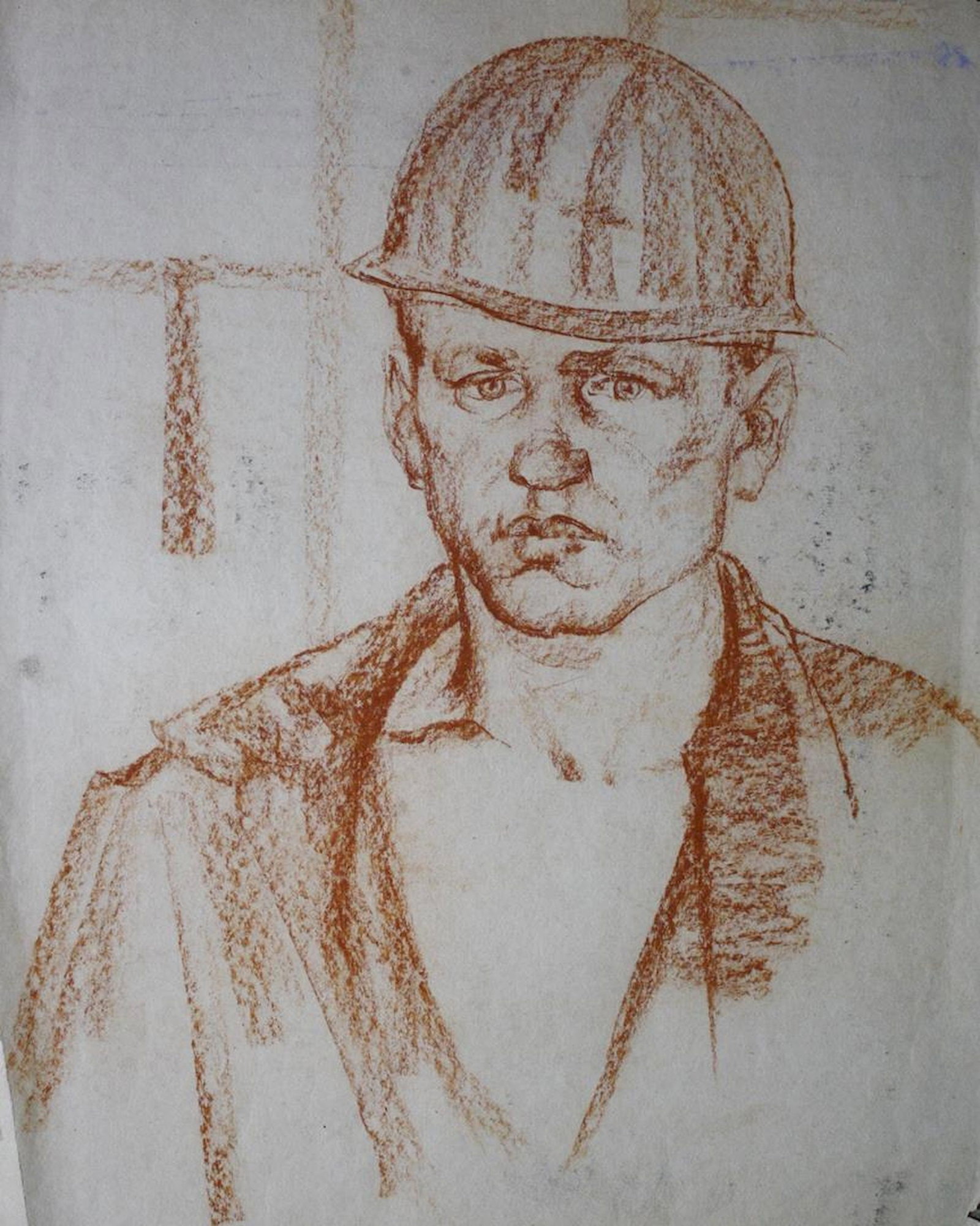 Mynka Olexandr (Ukrainian artist), "Steel-maker", sanguine on paper: ARTIST: Mynka Olexandr Fedorovich, Ukrainian artist TITLE: "Steel-maker" SIZE: 65 x 49 cm, (25 2/4 x 19 1/4 in.) MEDIUM: sanguine on paper YEAR OF CREATION: not dated CONDITION: The painting is in