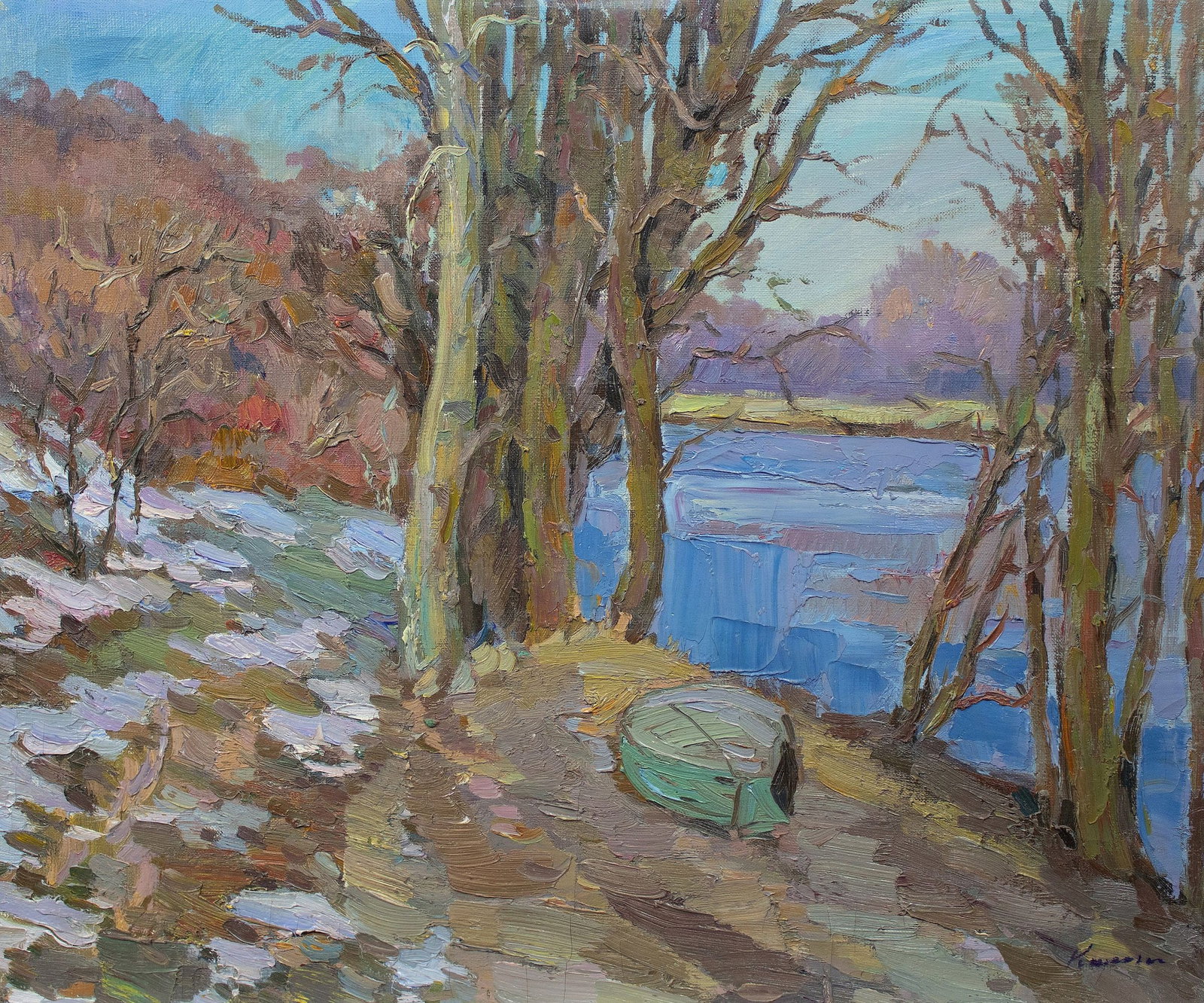 Kirilkov Valentin (Ukrainian artist), "March", oil on canvas: ARTIST: Kirilkov Valentin Feodosievich, Ukrainian artist TITLE: "March" SIZE: 48 x 58 cm, (19 x 22 3/4 in.) MEDIUM: oil on canvas YEAR OF CREATION: 2000 CONDITION: The painting is in good vintage cond