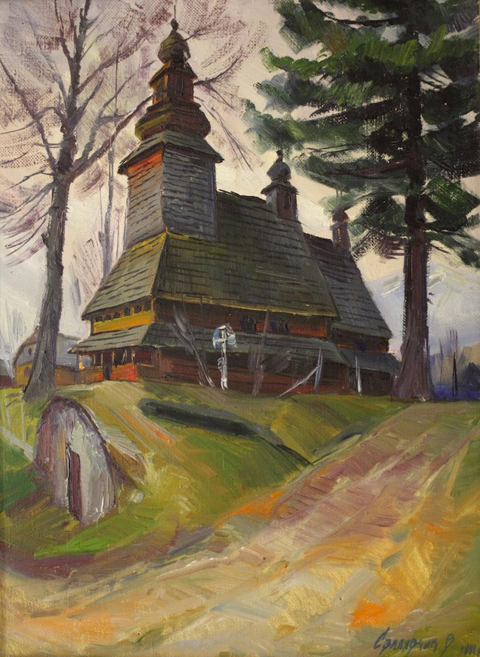 Mynka Olexandr (Ukrainian artist), "Autumn", oil on cardboard: ARTIST: Mynka Olexandr Fedorovich, Ukrainian artist TITLE: "Autumn" SIZE: 40 x 50 cm, (15 3/4 x 19 3/4 in.) MEDIUM: oil on cardboard YEAR OF CREATION: not dated CONDITION: The painting is in good vint